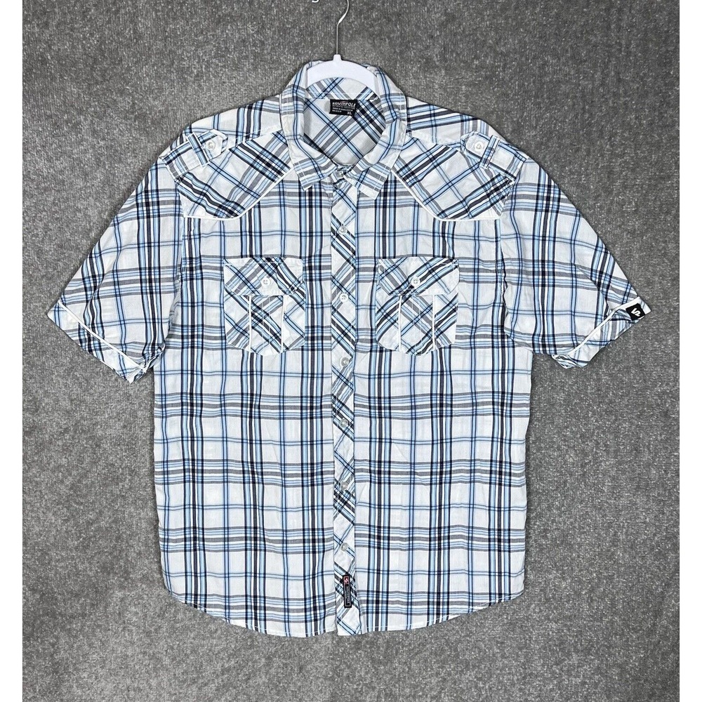 Southpole Button Up Shirt Mens Size XL Blue Plaid Short Sleeve Chest Pockets